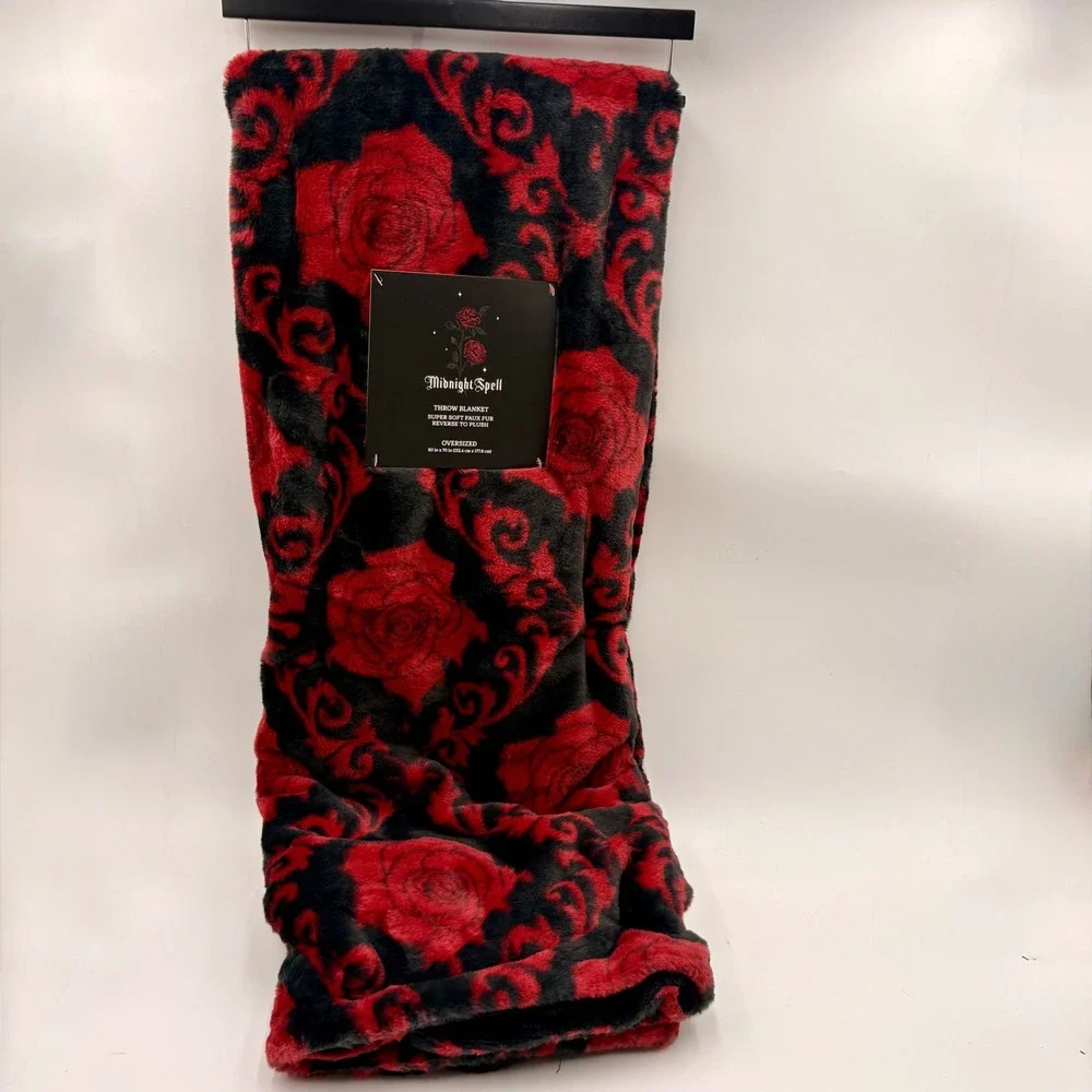 Midnight Spell Red Rose Black Faux Fur Plush Oversized Halloween Throw Blanket